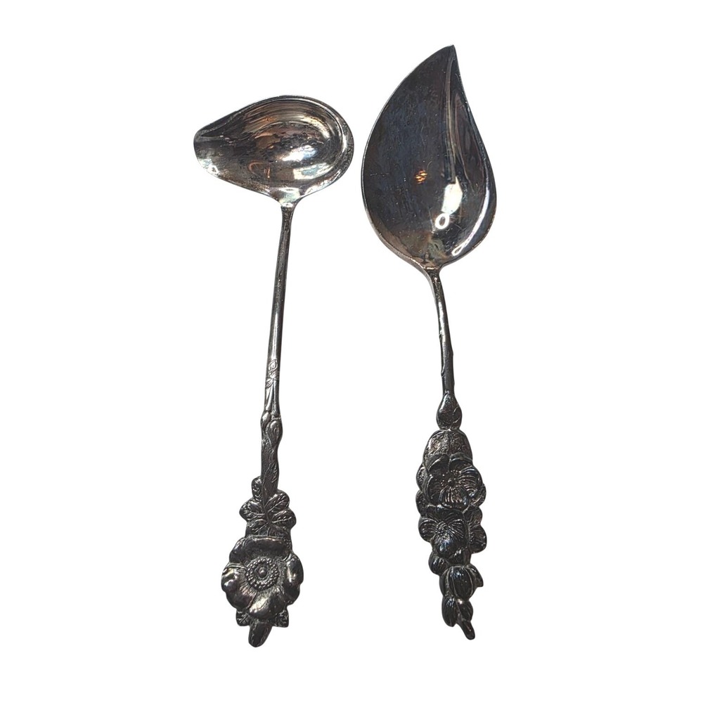Reed & Barton Silverplate Floral Ladle and Leaf Spoon‎ Serving Set 2 Piece A6